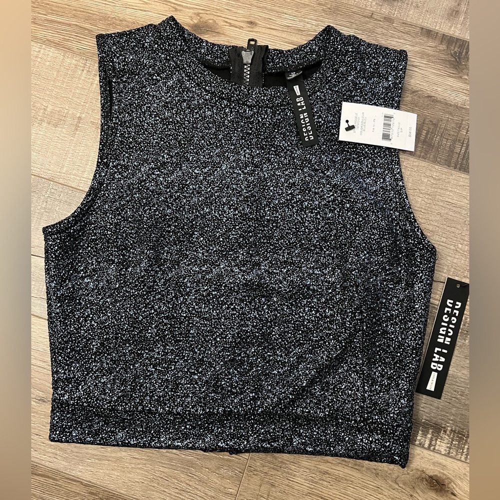 Design Lab Lord & Taylor Sparkling Black and blue Tank cropped Top NWT